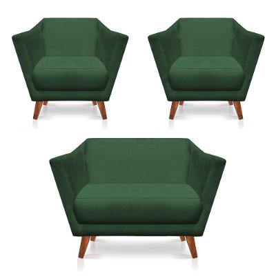 Kit 2 Poltronas E Namoradeira Pérsia Suede Pés Chanfrado Castanho - Pallazio Cor Verde