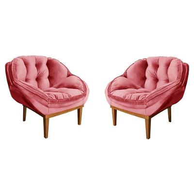 Kit 2 Poltronas Decorativa Veludo Rosa Base Madeira Castanho