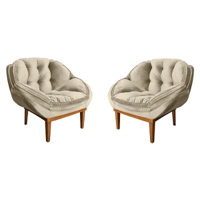 Kit 2 Poltronas Decorativa Veludo Bege Base Madeira Castanho