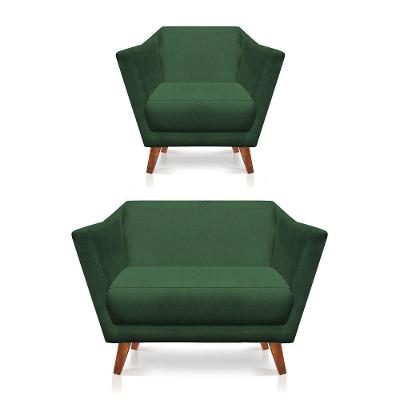 Kit Poltrona E Namoradeira Pérsia Suede Verde Pés Chanfrado Castanho - Pallazio