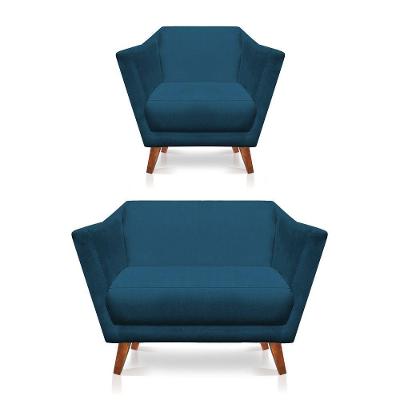Kit Poltrona E Namoradeira Pérsia Suede Pés Chanfrado Castanho - Pallazio Cor Azul Marinho