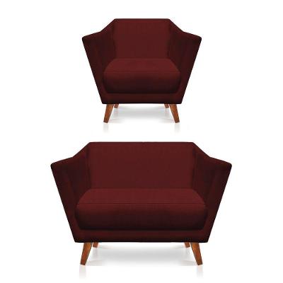 Kit Poltrona E Namoradeira Pérsia Suede Pés Chanfrado Castanho - Pallazio Cor Marsala