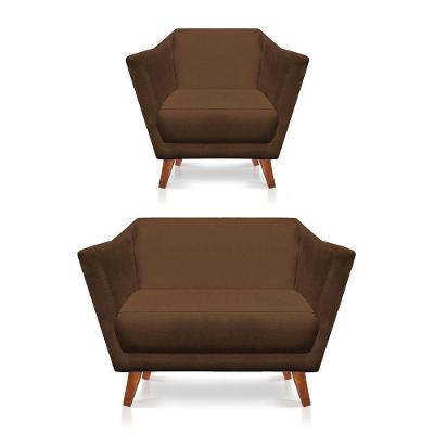 Kit Poltrona E Namoradeira Pérsia Suede Pés Chanfrado Castanho - Pallazio Cor Marrom