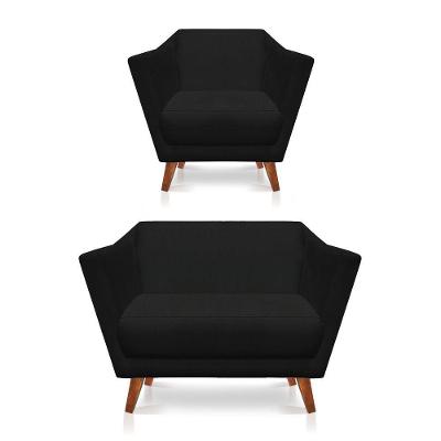 Kit Poltrona E Namoradeira Pérsia Suede Pés Chanfrado Castanho - Pallazio Cor Preto