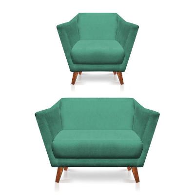 Kit Poltrona E Namoradeira Pérsia Suede Pés Chanfrado Castanho - Pallazio Cor Azul Turquesa