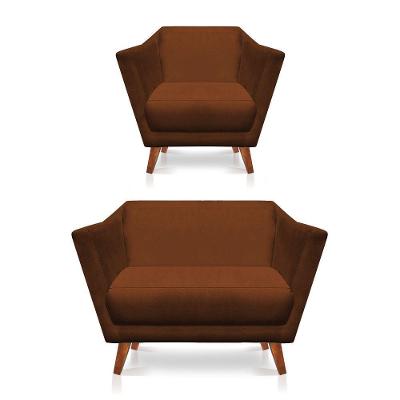 Kit Poltrona E Namoradeira Pérsia Suede Pés Chanfrado Castanho - Pallazio Cor Terracota