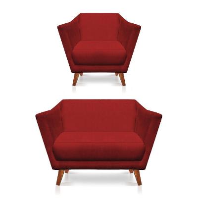 Kit Poltrona E Namoradeira Pérsia Suede Pés Chanfrado Castanho - Pallazio Cor Vermelho