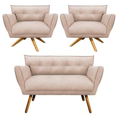 Kit 01 Namoradeira E 02 Poltronas Anitta Suede Bege
