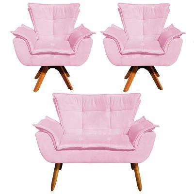 Kit 01 Namoradeira E 02 Poltronas Opala Suede Rosa Bebê