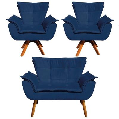 Kit 01 Namoradeira E 02 Poltronas Opala Suede Azul Marinho