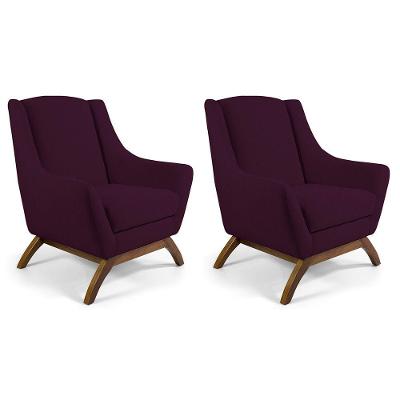 Kit 02 Poltronas Base de Madeira Veludo Roxo Grape