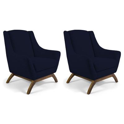 Kit 02 Poltronas Decorativas Sala de Estar Base de Madeira Naomi Veludo Azul Marinho Gran Belo