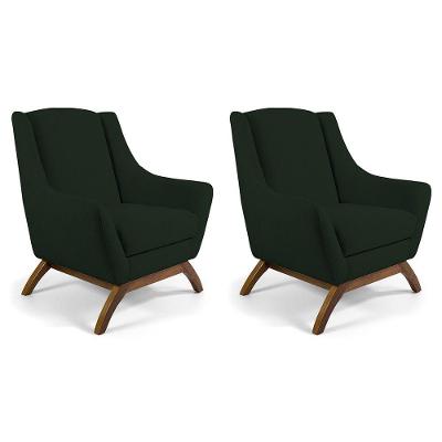 Kit 02 Poltronas Decorativas Sala de Estar Base de Madeira Naomi Veludo Verde Musgo Gran Belo