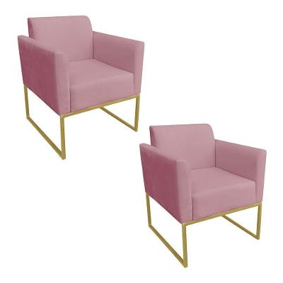 Kit 02 Poltronas Marisa Suede Base Metálica Dourado Rose