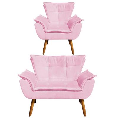 Kit 1 Namoradeira e 1 Poltrona Opala Suede Rosa Bebê Drossi