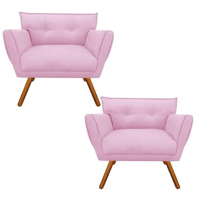 Kit 02 Poltronas Suede Pés Palito Castanho Rosa Bebê