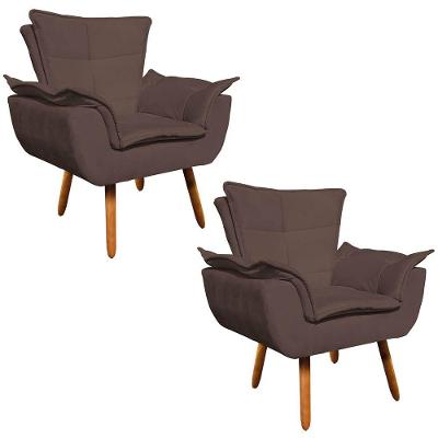 Kit 02 Poltronas Opala Suede Marrom Pés Palito Castanho