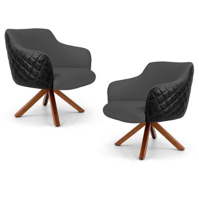 Kit 2 Poltronas Jade Base Corano Tressê Linho Cinza Escuro