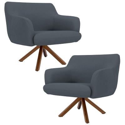 Kit 2 Poltronas Giratórias Base Madeira Corano Cinza