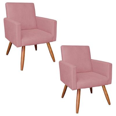 Kit 2 Poltronas Larissa Suede Pés Palito de Madeira Rosê