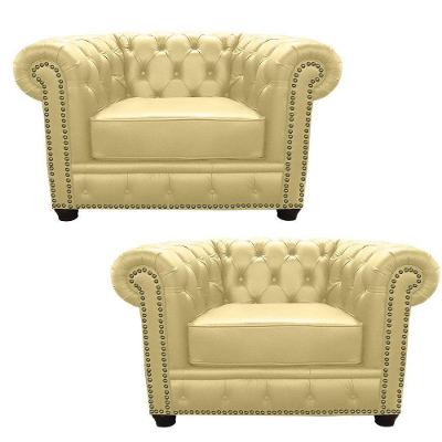 Kit 2 Poltronas Chesterfield com Pés Madeira Couro Bege