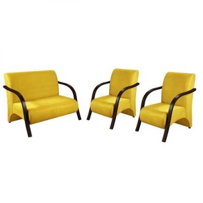 Kit 3 Peças Poltrona Braço Madeira Suede Amarelo