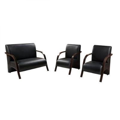 Kit 3 Peças Poltrona Braço Madeira Courino Preto