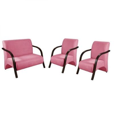 Kit 3 Peças Poltrona Braço Madeira Suede Tecido Rosa