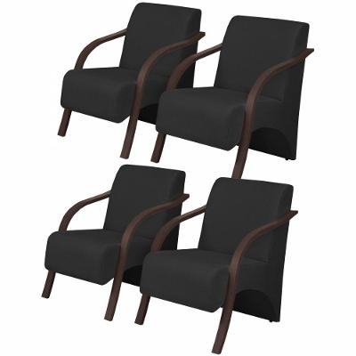 Kit 4 Poltronas 1 Lugar Vênus Braço Pé Madeira Preto