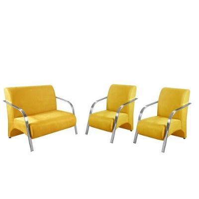 Kit 3 Peças Poltrona Braço Alumínio Suede Tecido Amarelo