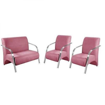 Kit 3 Peças Poltrona Braço Alumínio Suede Tecido Rosa