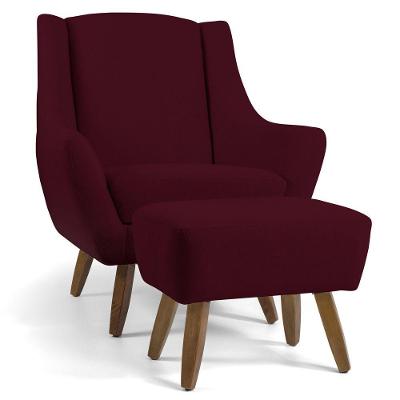 Poltrona Decorativa com Puff Sala de Estar Pés de Madeira Naomi Veludo Marsala Gran Belo