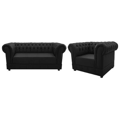 Kit Poltrona e Namoradeira Chesterfield Ana Suede Preto