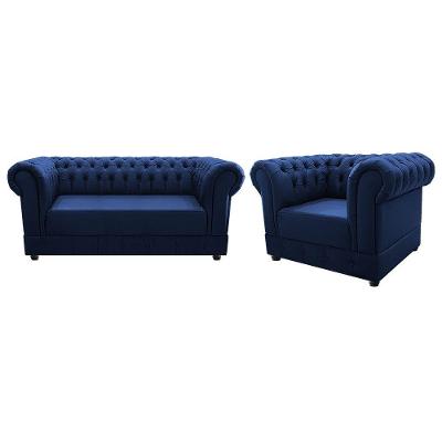 Poltrona e Namoradeira Chesterfield Ana Suede Azul Marinho