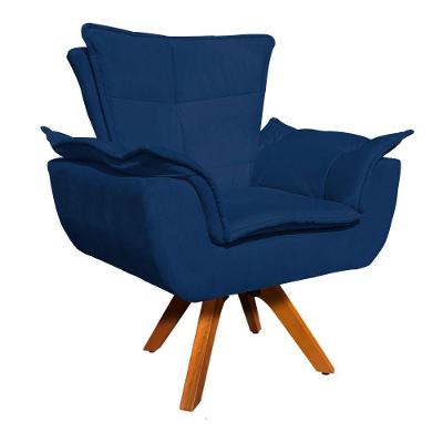 Poltrona Giratória Opala Suede Azul Marinho Base Madeira