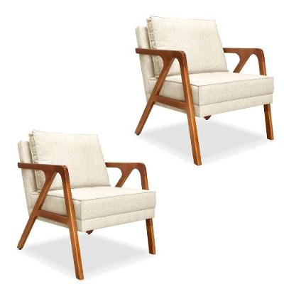Kit 02 Poltronas Decorativa Laura Base Madeira Bege Claro