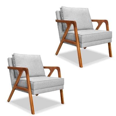 Kit 02 Poltronas Decorativa Laura Base Madeira Cinza Claro