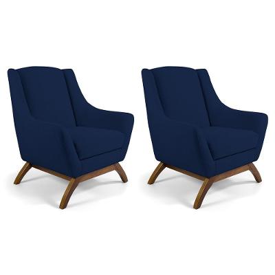 Kit 02 Poltronas Fixa Base De Madeira Veludo Azul Oxford