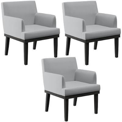 Kit 03 Poltronas Decorativas Sala De Estar Base Preto Beatriz W01 Linho Cinza - Lyam Decor