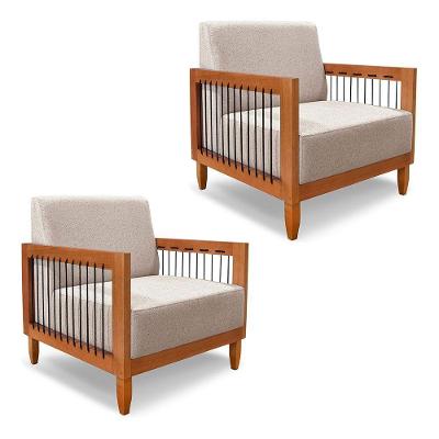Kit 2 Poltronas Decorativa Marilia Linho Areia Base Em Madeira Castanho - Pallazio