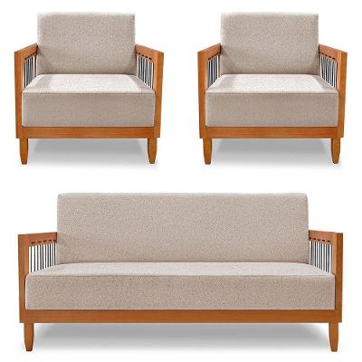 Kit 2 Poltronas E Sofá Living 2 Lugares Marilia 1,60m Linho Areia Base Em Madeira Castanho - Pallazio