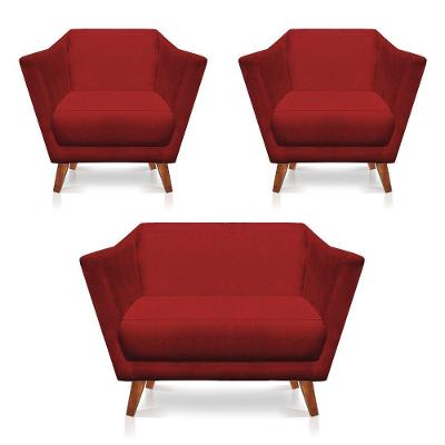 Kit 2 Poltronas E Namoradeira Pérsia Suede Pés Chanfrado Castanho - Pallazio Cor Vermelho