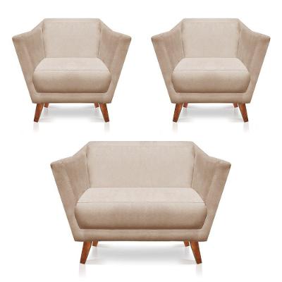 Kit 2 Poltronas E Namoradeira Pérsia Suede Pés Chanfrado Castanho - Pallazio Cor Bege