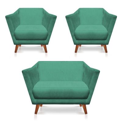 Kit 2 Poltronas E Namoradeira Pérsia Suede Pés Chanfrado Castanho - Pallazio Cor Azul Turquesa