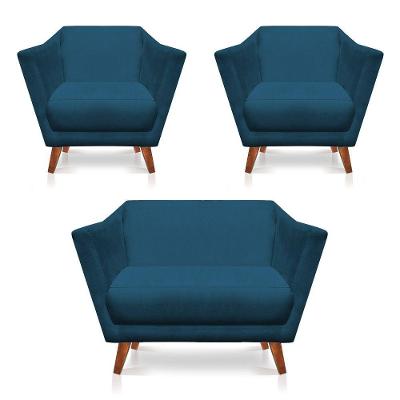 Kit 2 Poltronas E Namoradeira Pérsia Suede Pés Chanfrado Castanho - Pallazio Cor Azul Marinho