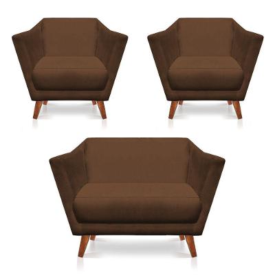 Kit 2 Poltronas E Namoradeira Pérsia Suede Pés Chanfrado Castanho - Pallazio Cor Marrom
