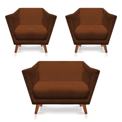 Kit 2 Poltronas E Namoradeira Pérsia Suede Pés Chanfrado Castanho - Pallazio Cor Terracota