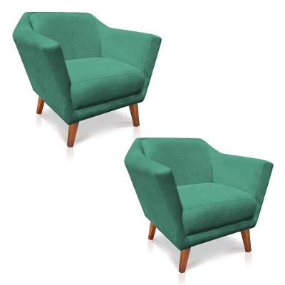 Kit 2 Poltronas Decorativa Pérsia Suede Pés Chanfrado Castanho - Pallazio Cor Azul Turquesa