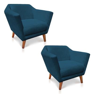 Kit 2 Poltronas Decorativa Pérsia Suede Pés Chanfrado Castanho - Pallazio Cor Azul Marinho