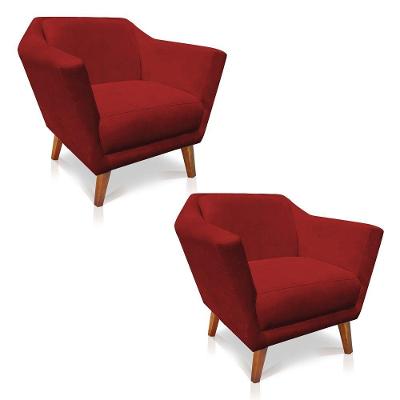 Kit 2 Poltronas Decorativa Pérsia Suede Pés Chanfrado Castanho - Pallazio Cor Vermelho